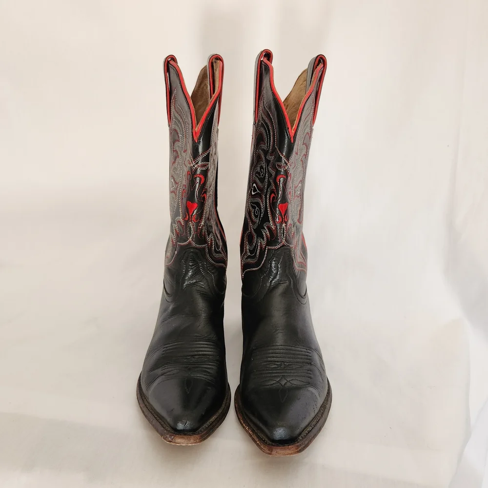 Tony Lama Black and Red Western Heeled Cowboy Boots - Picture 2 of 8